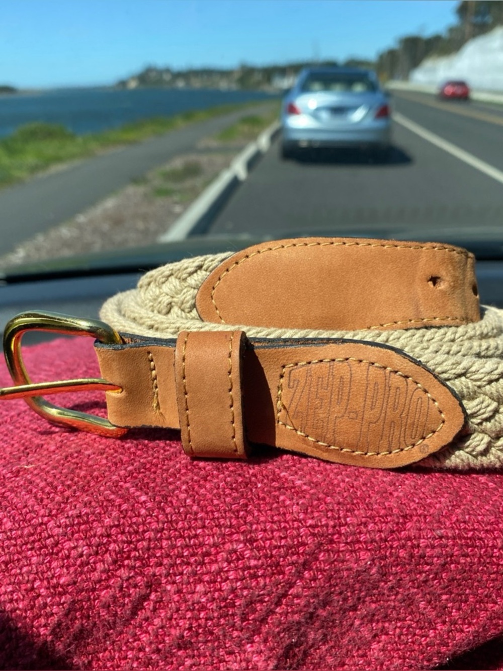 ZEP-PRO Men’s “Woven Rope Belt Leather Trim Solid Brass Buckle” Size 46 Tan EUC